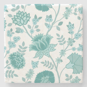 Jacobean Floral Lg Pattern Teals on White Stone Coaster
