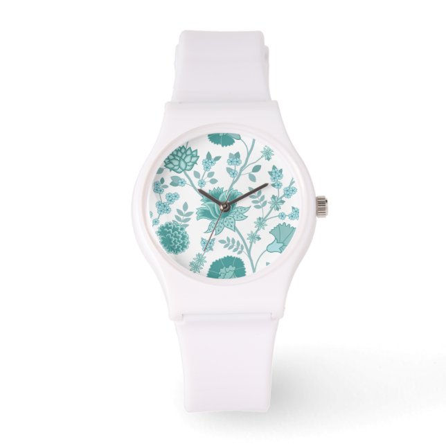 Jacobean Floral Lg Pattern Teals on White Watch (Front)