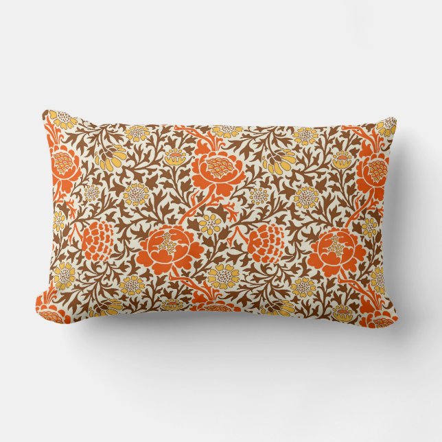 Jacobean Floral, Orange, Brown and Mustard Gold Lumbar Cushion (Front)