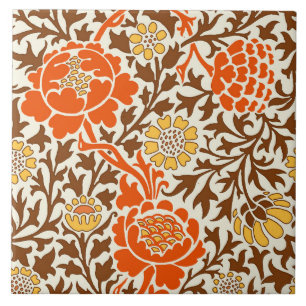 Jacobean Floral , Orange Brown & Mustard Gold Ceramic Tile
