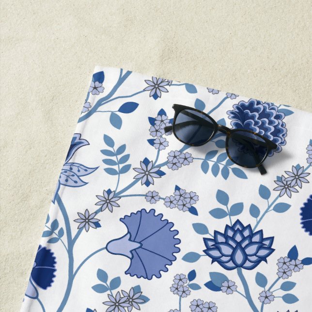 Jacobean Floral Pattern Blue on White Beach Towel (In Situ)