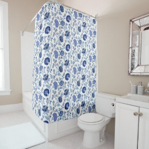 Jacobean Floral Pattern Blue on White Shower Curtain