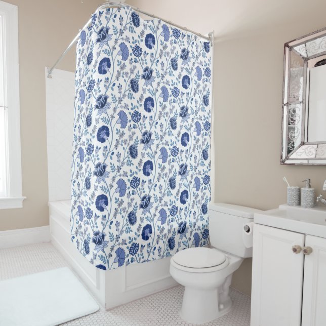 Jacobean Floral Pattern Blue on White Shower Curtain (In Situ)