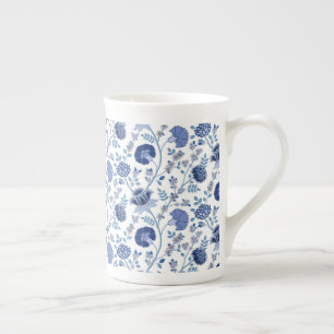 Jacobean Floral Pattern Blues on White Bone China Mug