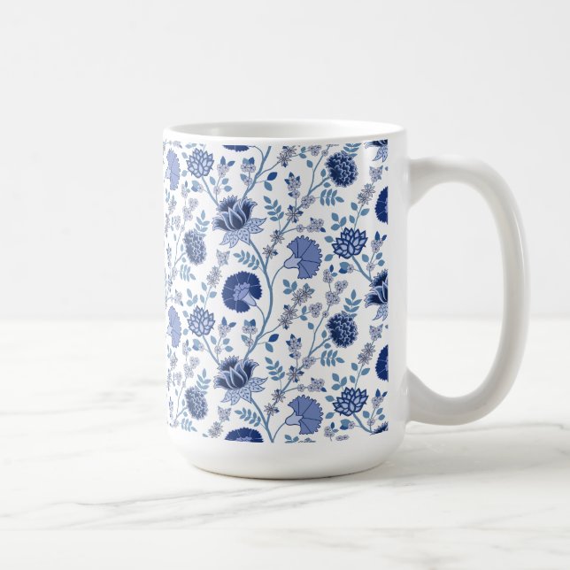 Jacobean Floral Pattern Blues on White Coffee Mug (Right)