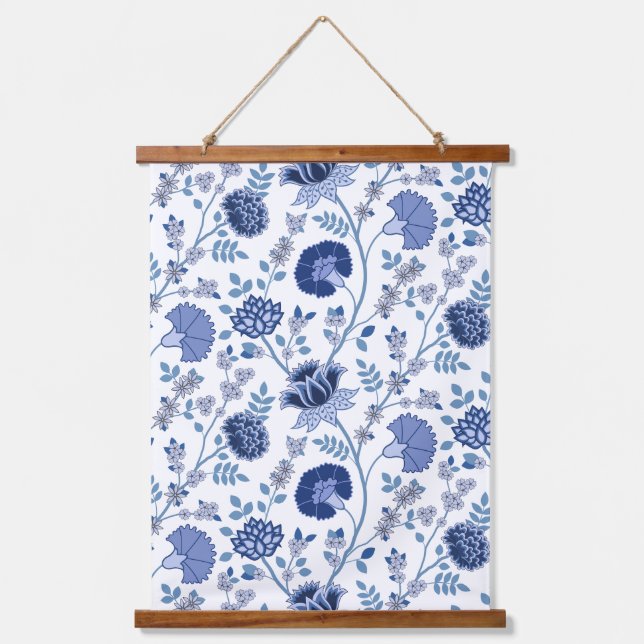 Jacobean Floral Pattern Blues on White Hanging Tapestry (Front)