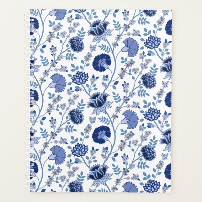 Jacobean Floral Pattern Blues on White Planner (Front)