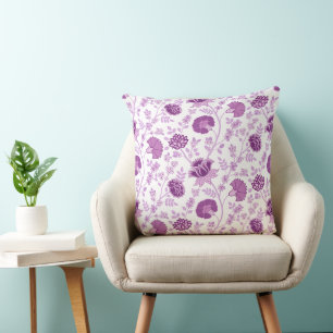 Jacobean Floral Pattern Pinks on White Cushion
