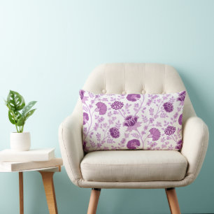 Jacobean Floral Pattern Pinks on White Lumbar Cushion