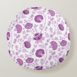 Jacobean Floral Pattern Pinks on White Round Cushion