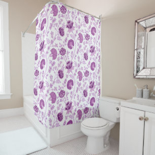 Jacobean Floral Pattern Pinks on White Shower Curtain