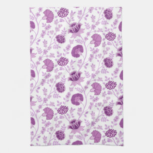 Jacobean Floral Pattern Pinks on White Tea Towel