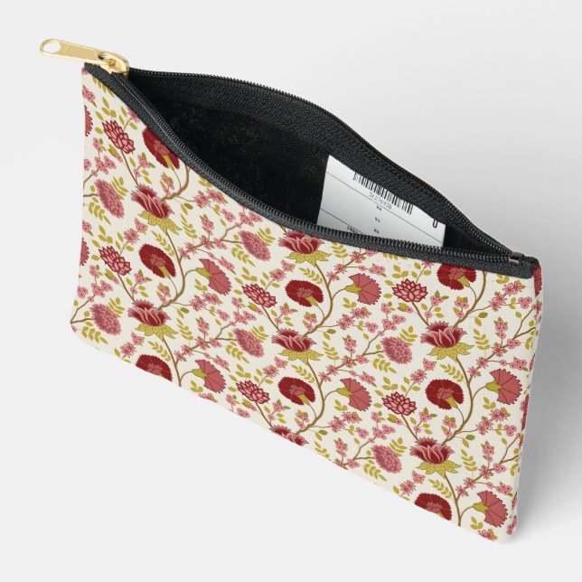 Jacobean Floral Pattern Reds Pinks Gold Cream Accessory Pouch (Open)