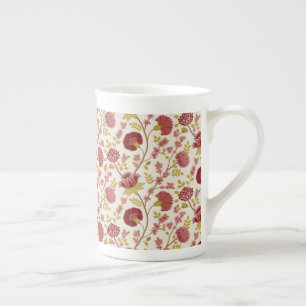 Jacobean Floral Pattern Reds Pinks Gold Cream Bone China Mug