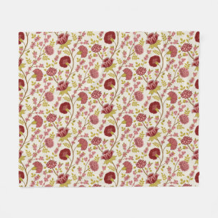 Jacobean Floral Pattern Reds Pinks Gold Cream Fleece Blanket
