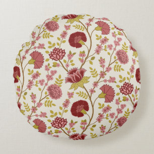 Jacobean Floral Pattern Reds Pinks Gold Cream Round Cushion