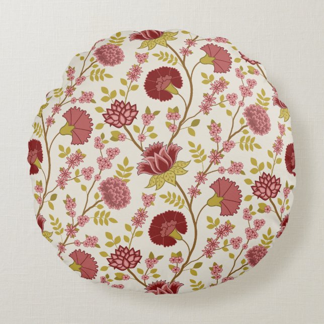 Jacobean Floral Pattern Reds Pinks Gold Cream Round Cushion (Front)