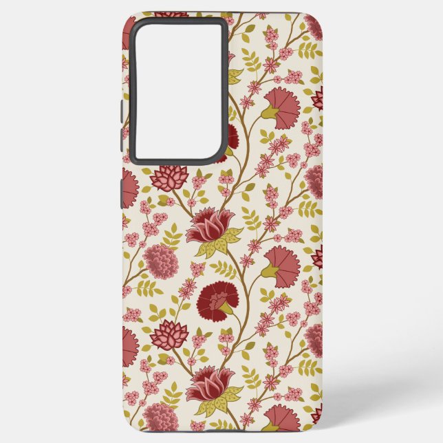 Jacobean Floral Pattern Reds Pinks Gold Cream Samsung Galaxy S21+ Case (Back)