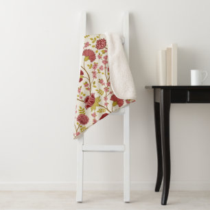 Jacobean Floral Pattern Reds Pinks Gold Cream Sherpa Blanket