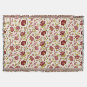 Jacobean Floral Pattern Reds Pinks Gold Cream Throw Blanket