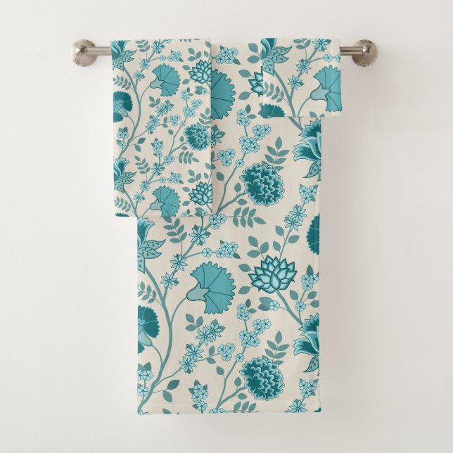 Jacobean Floral Pattern Teals on Cream Bath Towel Set (Insitu)