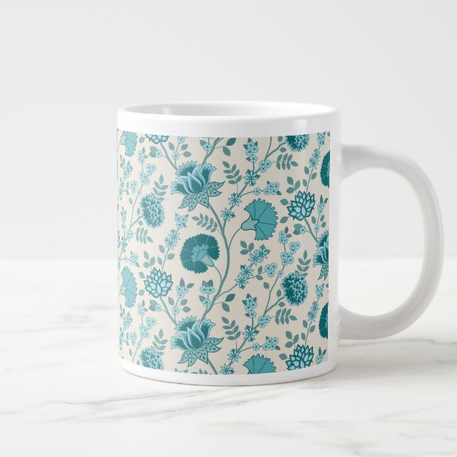 Jacobean Floral Pattern Teals on Cream Large Coffee Mug (Right)