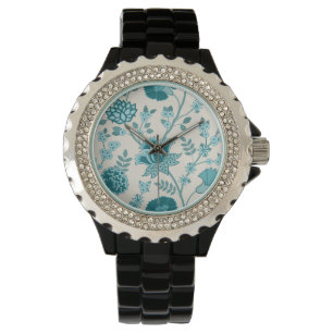 Jacobean Floral Pattern Teals on Cream Watch