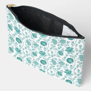 Jacobean Floral Pattern Teals on White Accessory Pouch