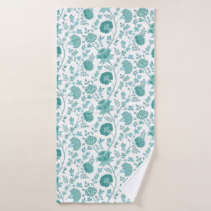 Jacobean Floral Pattern Teals on White Bath Towel