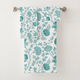 Jacobean Floral Pattern Teals on White Bath Towel Set