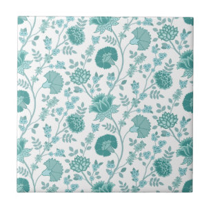 Jacobean Floral Pattern Teals on White Ceramic Tile