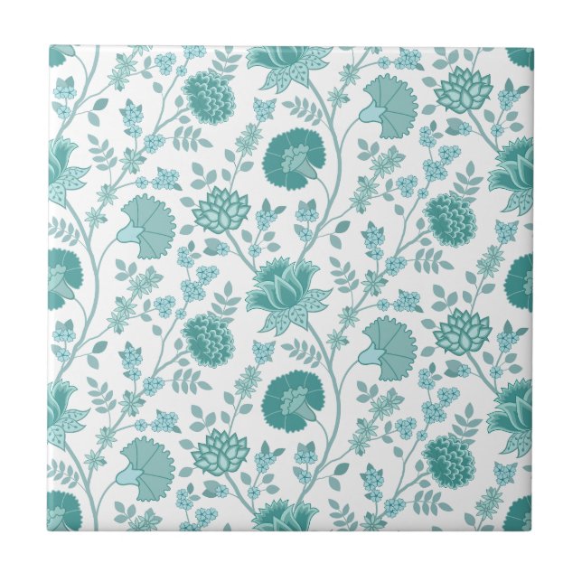 Jacobean Floral Pattern Teals on White Ceramic Tile (Front)