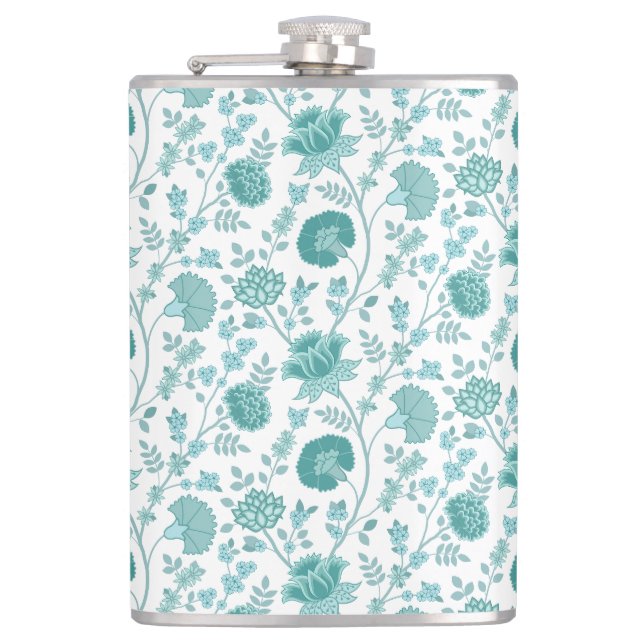 Jacobean Floral Pattern Teals on White Hip Flask (Front)