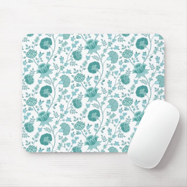 Jacobean Floral Pattern Teals on White Mouse Pad (With Mouse)