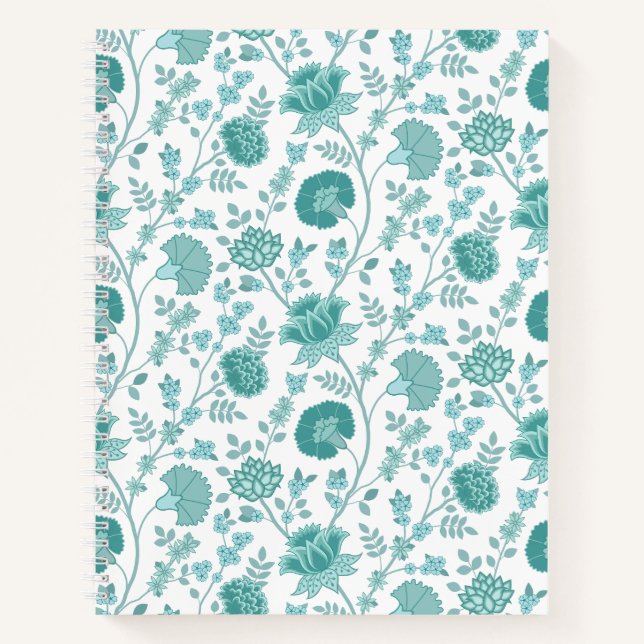 Jacobean Floral Pattern Teals on White Notebook (Front)