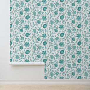 Jacobean Floral Pattern Teals on White Wallpaper