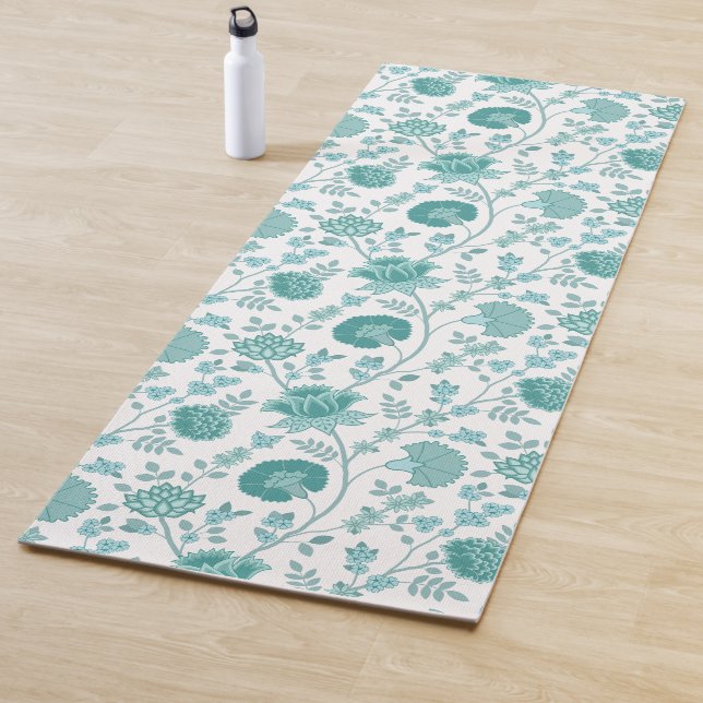 Jacobean Floral Pattern Teals on White Yoga Mat (In Situ)