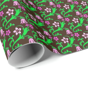 Jacobean floral - pink, green, chocolate wrapping paper