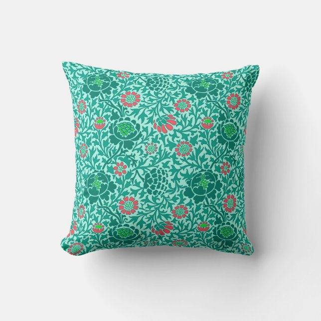 Jacobean Floral, Turquoise, Aqua and Coral Cushion (Front)