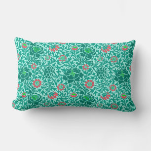 Jacobean Floral, Turquoise, Aqua and Coral Lumbar Cushion