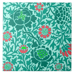Jacobean Floral , Turquoise, Aqua & Coral Ceramic Tile