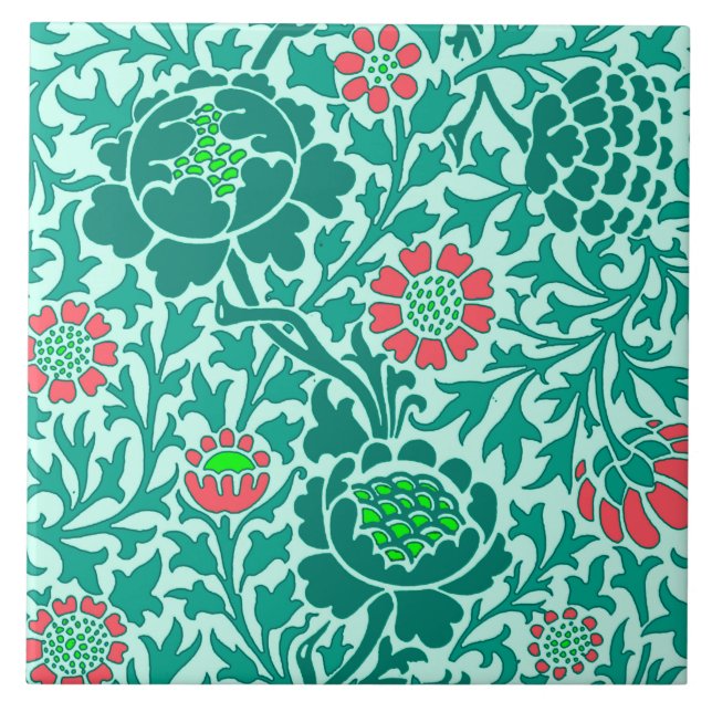 Jacobean Floral , Turquoise, Aqua & Coral Ceramic Tile (Front)