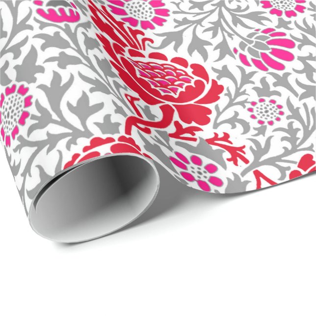 Jacobean Floral Wallpaper, Deep Red, Pink & Grey Wrapping Paper (Roll Corner)