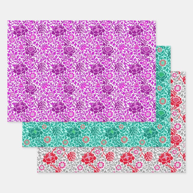 Jacobean Floral Wallpaper, Purple Turquoise & Grey Wrapping Paper Sheet (Set)