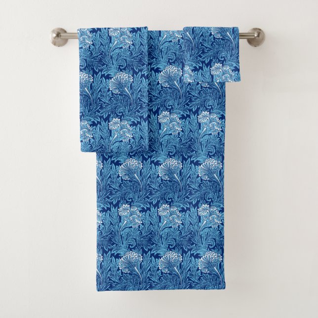 Jacobean Flower Damask, Cobalt and Light Blue Bath Towel Set (Insitu)