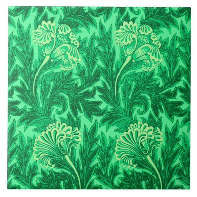 Jacobean Flower Damask, Emerald and Lime Green Ceramic Tile (Front)