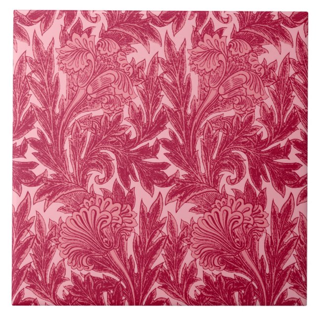 Jacobean Flower Damask, Fuchsia and Light Pink Ceramic Tile (Front)