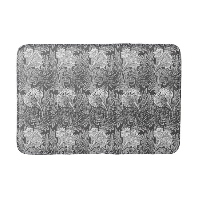 Jacobean Flower Damask, Grey / Grey and White Bath Mat (Front)