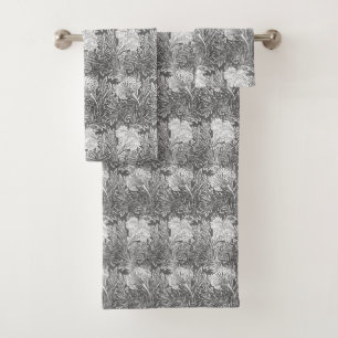 Jacobean Flower Damask, Grey / Grey and White Bath Towel Set