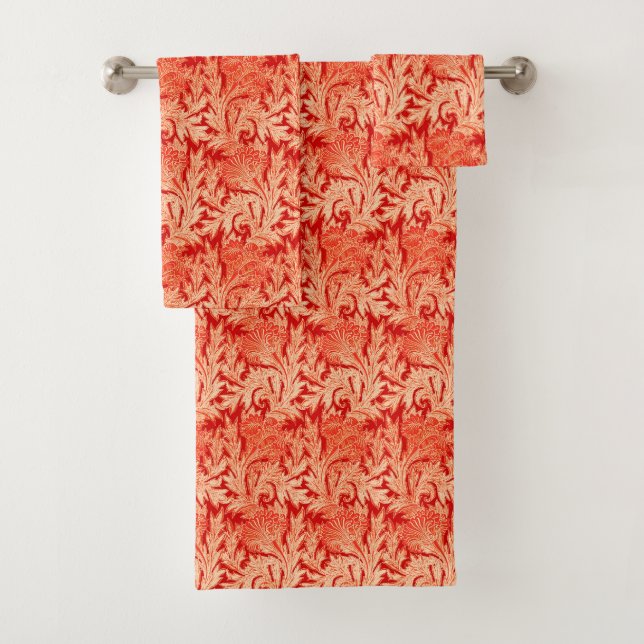 Jacobean Flower Damask, Mandarin and Light Orange Bath Towel Set (Insitu)